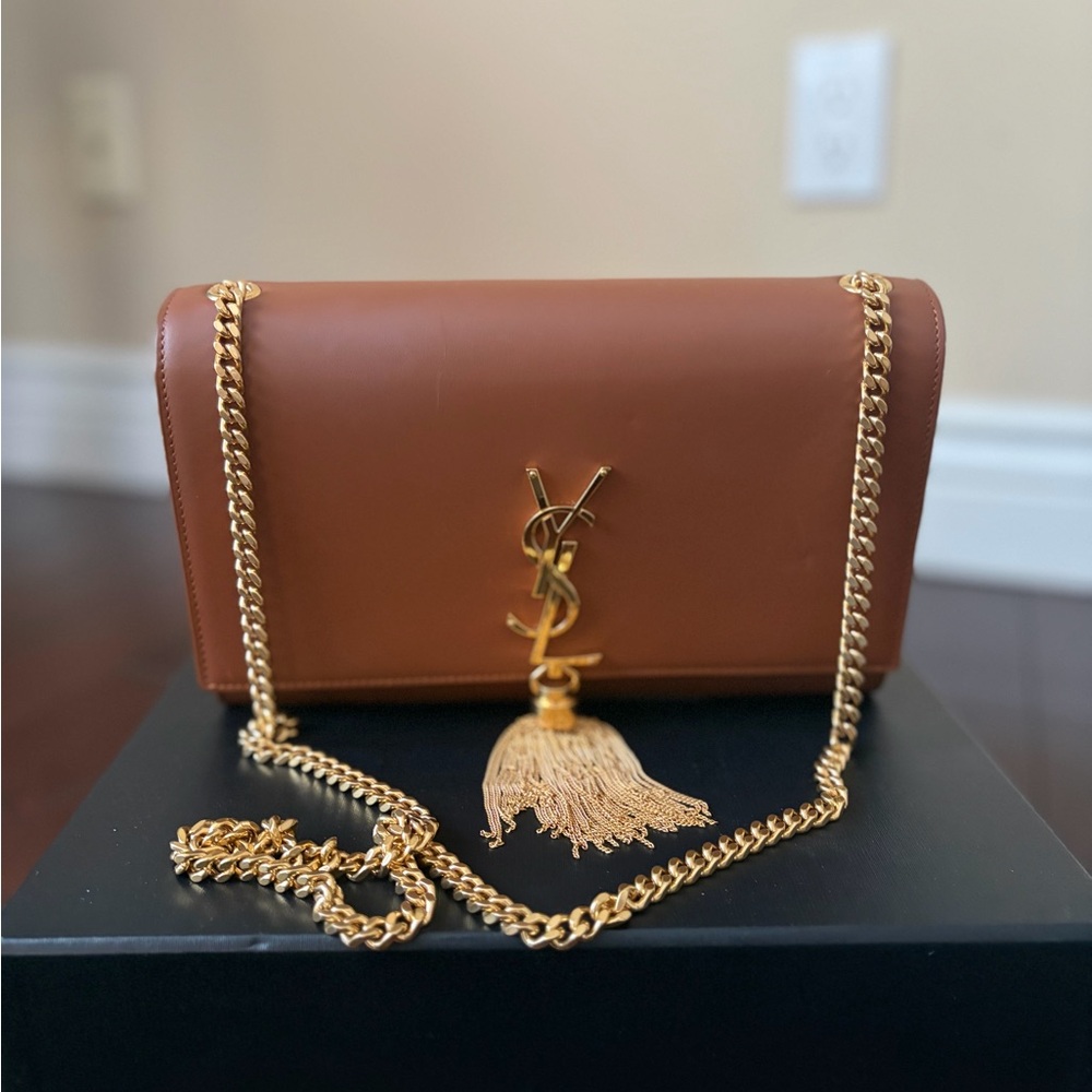 Yves Saint Laurent YSL Kate Medium Tan/Brown bag with Gold Hardware and Tassle